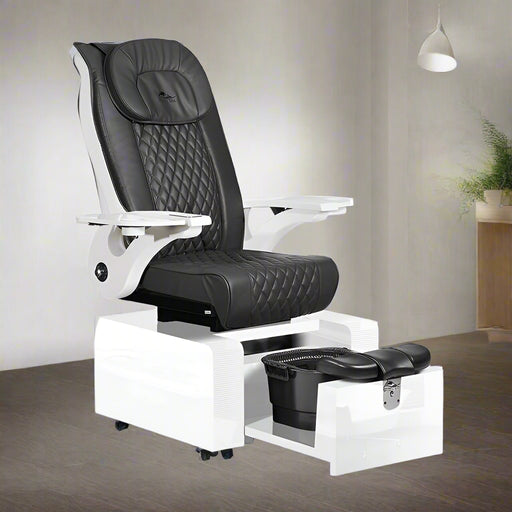 Black and white pedicure chair with a limited two-year warranty badge on a white background