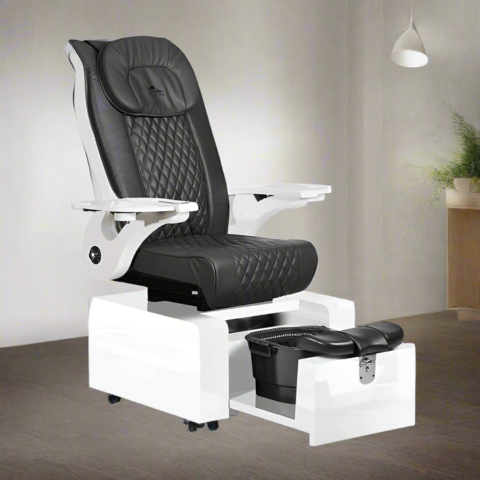 Black and white pedicure chair with a limited two-year warranty badge on a white background
