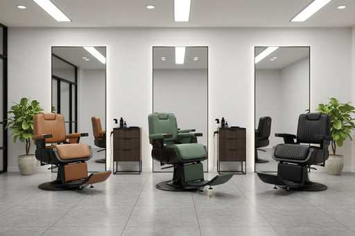 A set of three Sherman barber chairs in different colors (black, green, brown, and gray), featuring a hydraulic pump, wide seat, and adjustable headrest.