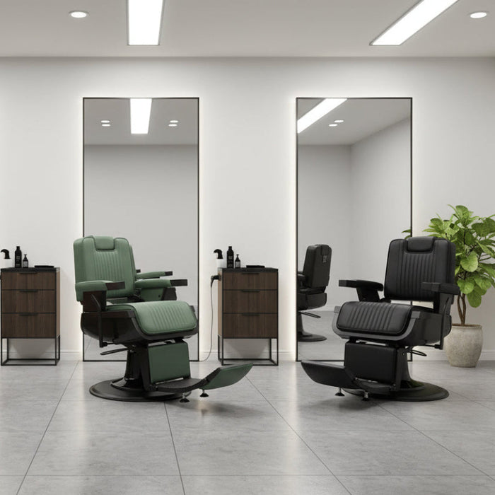 A set of three Sherman barber chairs in different colors (black, green, brown, and gray), featuring a hydraulic pump, wide seat, and adjustable headrest.