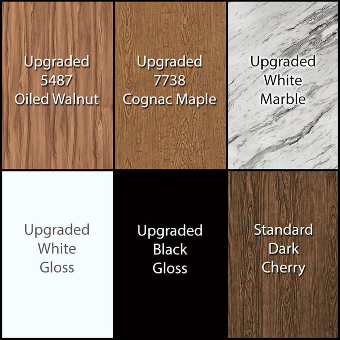 Six wood and marble color swatches with labels