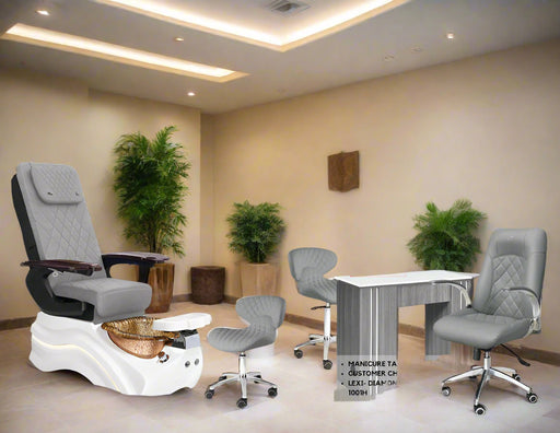 Promotional advertisement for a spa chair and related furniture with pricing and savings displayed.