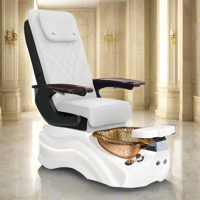 A modern white pedicure spa chair champange gold bowl, featuring a diamond-quilted design, massage controls, and a glass basin.
