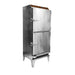 A heavy duty hot towel steamer with a sizable water tank, designed for use in salons or spas. It is metallic, with two compartments and visible control knobs.