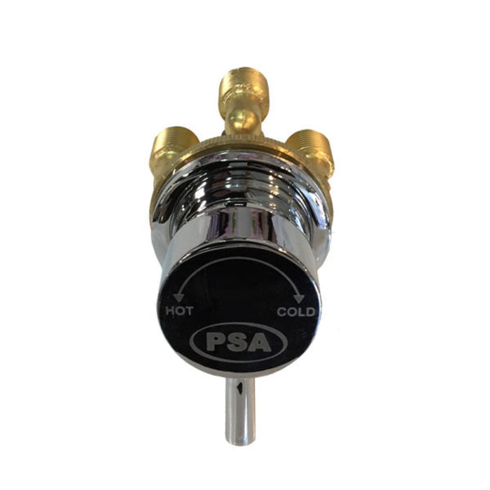 A 3-Way Mixing Valve with black body and gold fittings, featuring labels for hot and cold water control.