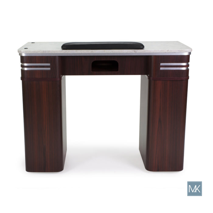 A contemporary manicure table with a sleek wood grain finish and silver accents, featuring multiple drawers and a UV gel hole.