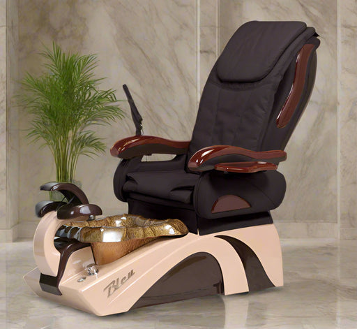 A contemporary pedicure spa chair with a sleek design, featuring a brown and beige color scheme, a footrest, and an ergonomic seating arrangement.