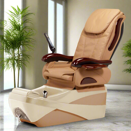 A luxurious cappuccino and almond with cappuccino pedicure spa chair base with a pipeless jet system, shiatsu massage functionality, and foldable armrests.