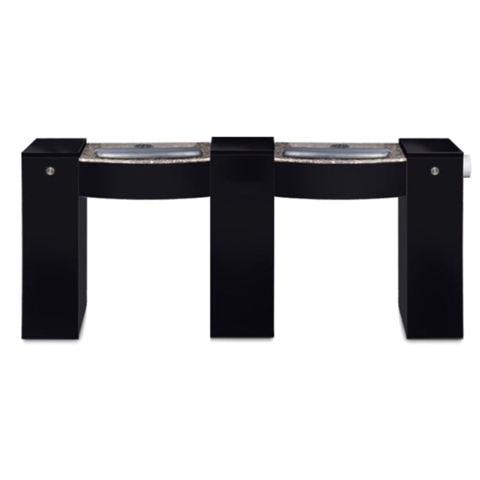 A black double vented manicure table with a marble top, featuring built-in bottle organizers, armrests, and a discreet trash bin.