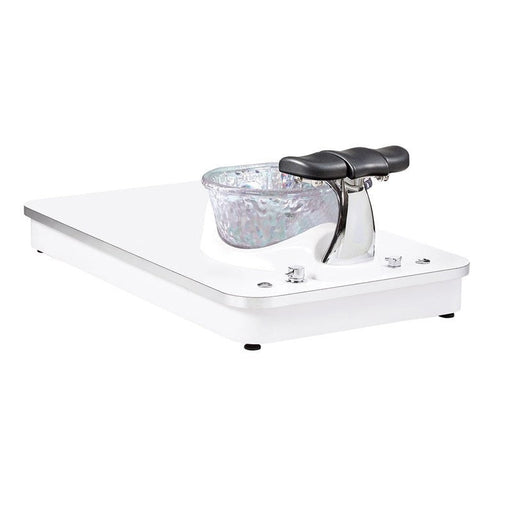 White pedicure base with LED accent lighting, designed to accommodate various chairs, featuring a magnet jet and disposable spa liner compatibility.