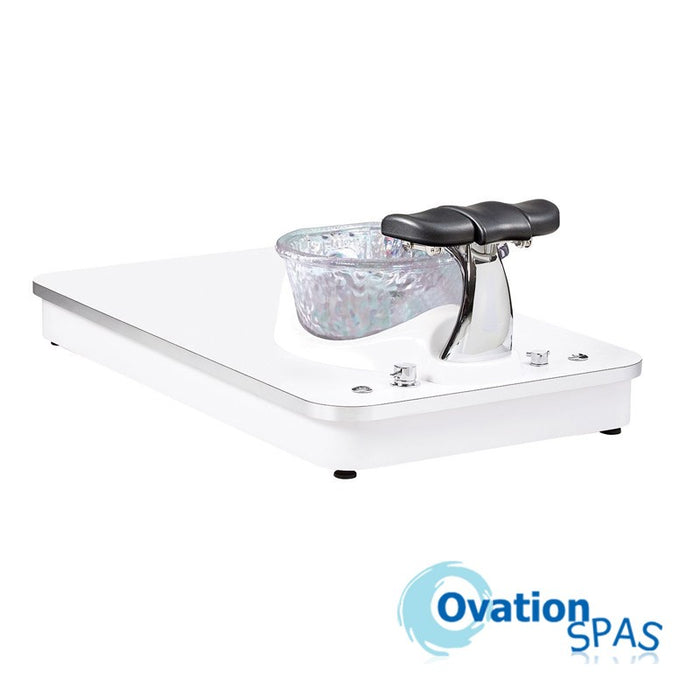 White pedicure base with LED accent lighting, designed to accommodate various chairs, featuring a magnet jet and disposable spa liner compatibility.