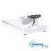 White pedicure base with LED accent lighting, designed to accommodate various chairs, featuring a magnet jet and disposable spa liner compatibility.