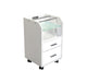 A collection of glass top accessory carts on wheels, available in black, white, and beige colors, featuring storage drawers and shelves.