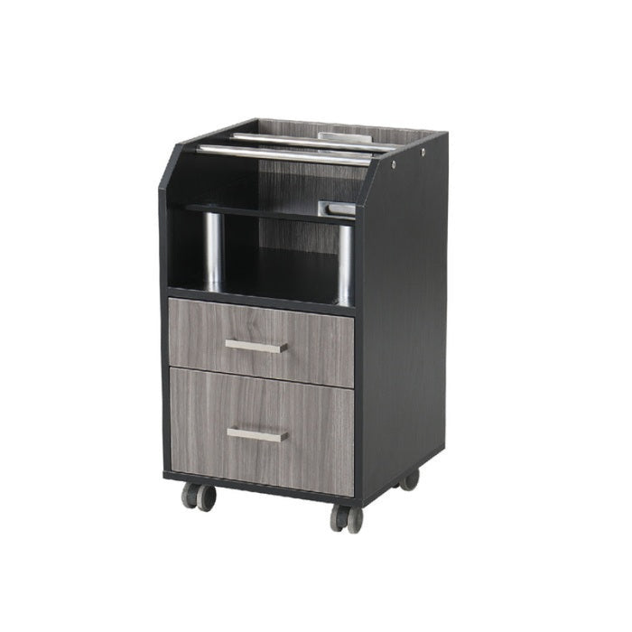 A collection of glass top accessory carts on wheels, available in black, white, and beige colors, featuring storage drawers and shelves.