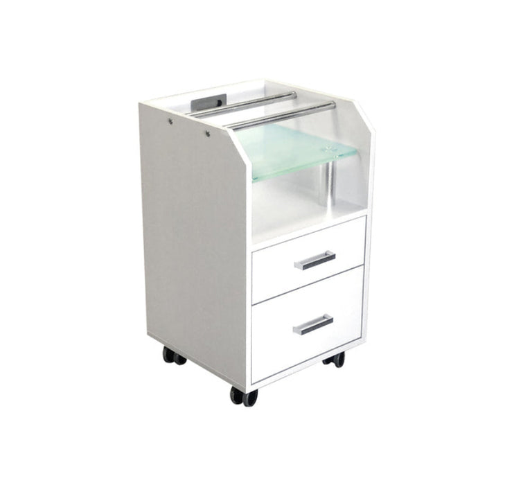 A collection of glass top accessory carts on wheels, available in black, white, and beige colors, featuring storage drawers and shelves.