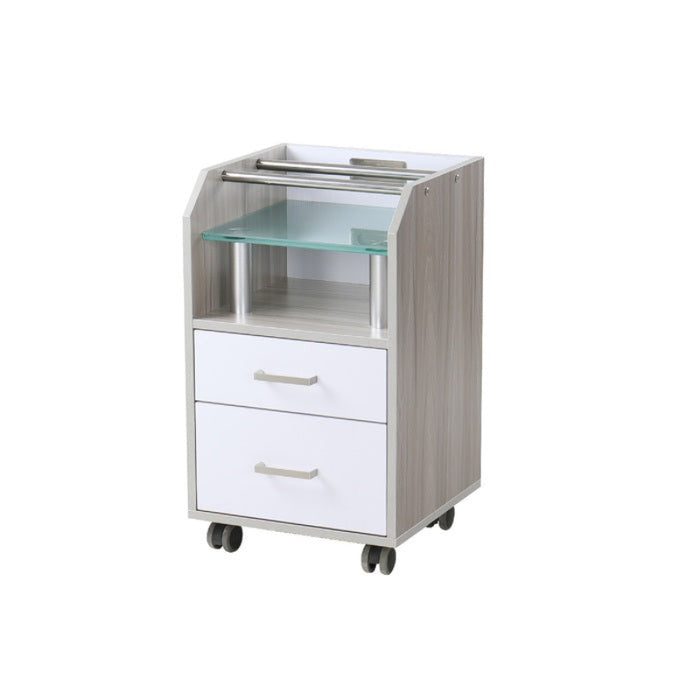A collection of glass top accessory carts on wheels, available in black, white, and beige colors, featuring storage drawers and shelves.