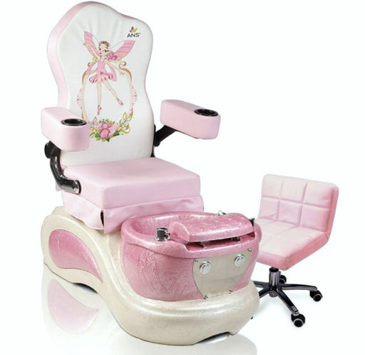 A pink and white kid pedicure spa chair with a character design, featuring a jacuzzi tub and adjustable settings.