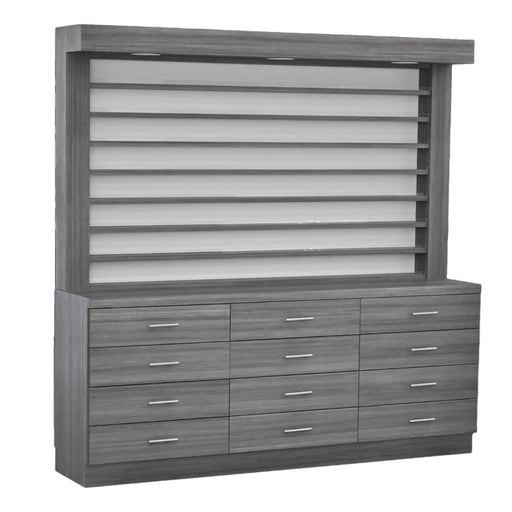 A single-sided display cabinet with drawers and dividers, finished in a gray polish, designed for nail polish and dip powder collections.
