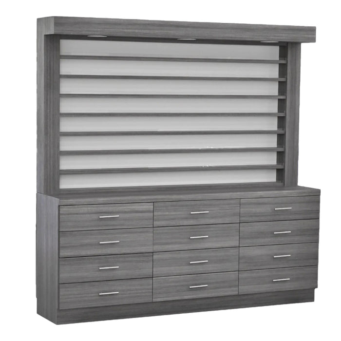 A single-sided display cabinet with drawers and dividers, finished in a gray polish, designed for nail polish and dip powder collections.
