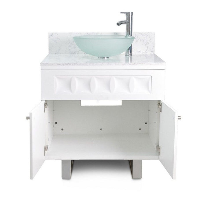 A white marble top Regis sink with a raised glass bowl, mounted on a white melamine cabinet with a single handle faucet, metal legs, and a marble countertop.