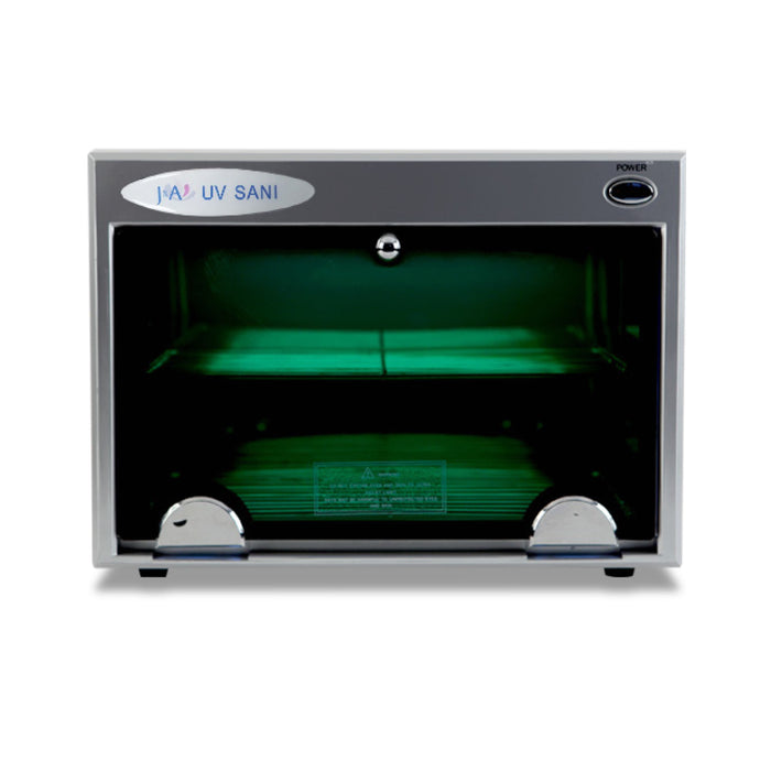 A professional-grade ultraviolet germicidal bulb sterilizer with pull-out shelves, featuring an automatic door and an easy-view window, in a sleek design.