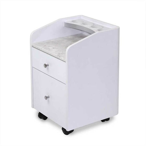 The Sonoma Pedi Trolley is the perfect accent for your pedicure spa with its off white granite, with multi shades of beige and grey, and brushed aluminum accent.&nbsp; The 4 supply holders and 2 drawers will give the pedicurist room to hold all their supplies.