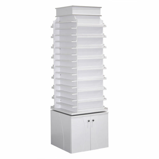 Polish & Powder Center is a great way to display your assortment of powders and polishes; it can store up to 400 polish bottles and 240 powder jars. The 52-inch rotating top includes two sides with 30 rows each for your powders and two sides with 10 tiered rows each for your polish.