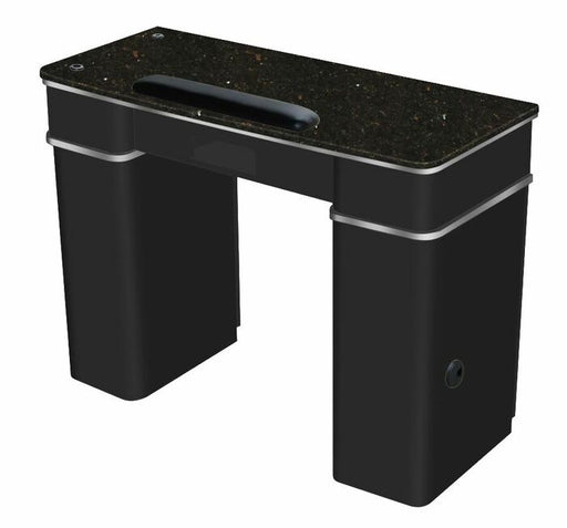 For this dark and lovely design, a manicure table with contemporary black-flecked marble, a black base, and plated accessories is provided. Since the series is made of real wood, it is difficult to damage and resistant to acetone and scratches. 