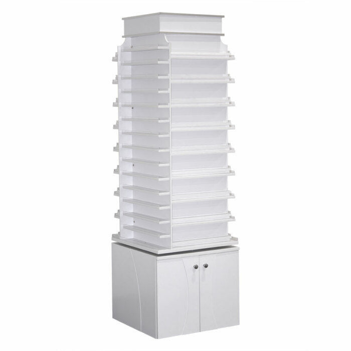 Polish & Powder Center is a great way to display your assortment of powders and polishes; it can store up to 400 polish bottles and 240 powder jars. The 52-inch rotating top includes two sides with 30 rows each for your powders and two sides with 10 tiered rows each for your polish. 