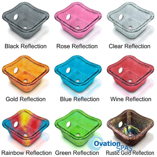 A collection of square glass bowls for Gulfstream pedicure chairs, displayed in various colors and finishes.