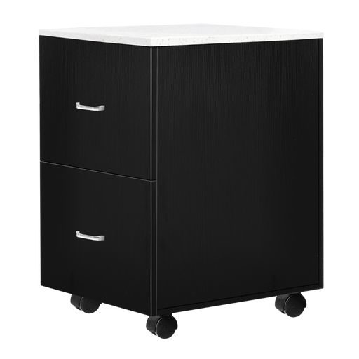 A black laminate exterior accessory cart with a white quartz top and two drawers.