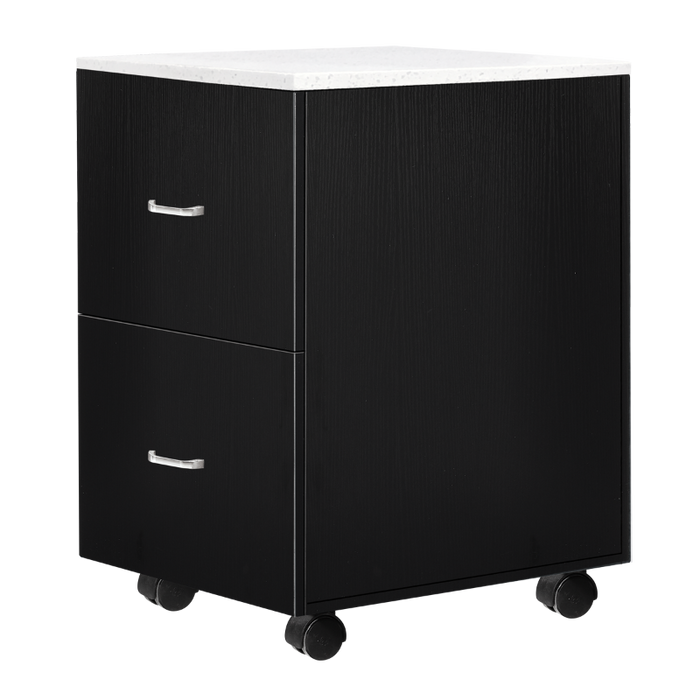 A black laminate exterior accessory cart with a white quartz top and two drawers.