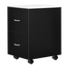 A black laminate exterior accessory cart with a white quartz top and two drawers.