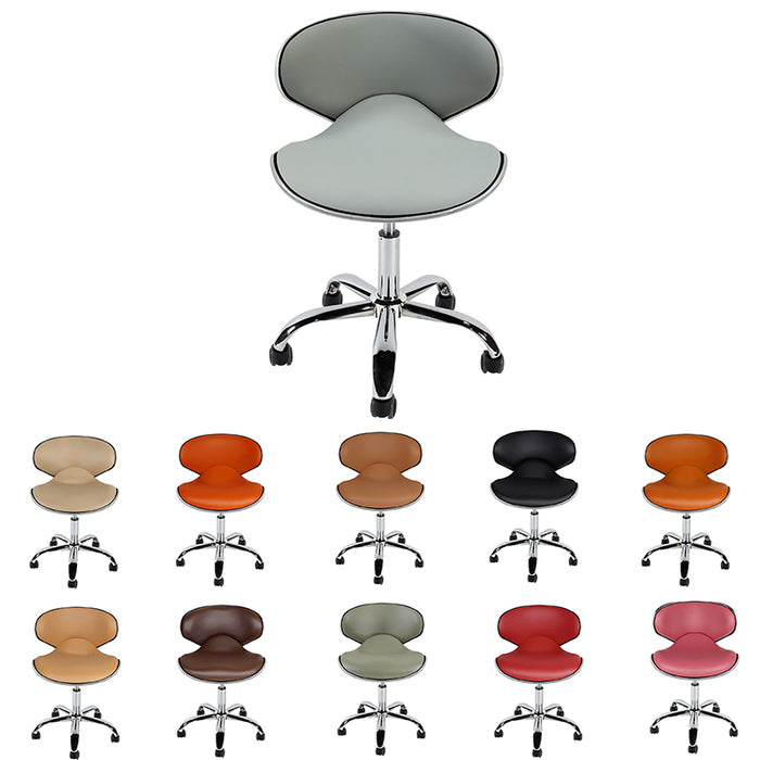A collection of ergonomic Euro technician stools in various colors, designed with a high-density foam seat cushion and a gas lift system.