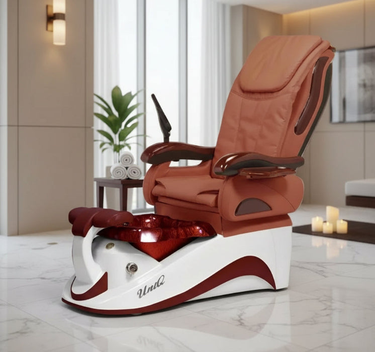 A Uniq Pedicure Chair with a mission tile and burgundy with white color scheme, featuring a comfortable seat, armrests, and a footrest.