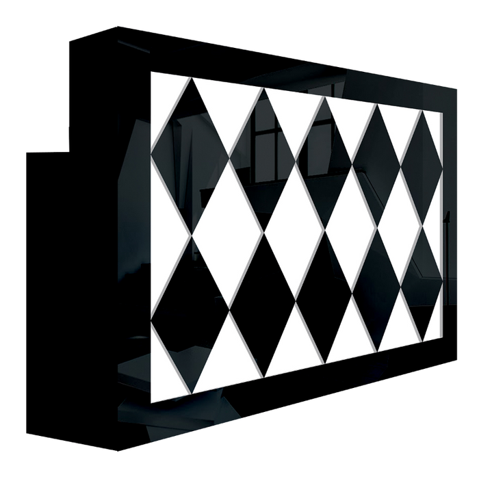 An elegant black and white diamond patterned reception desk with LED lighting.